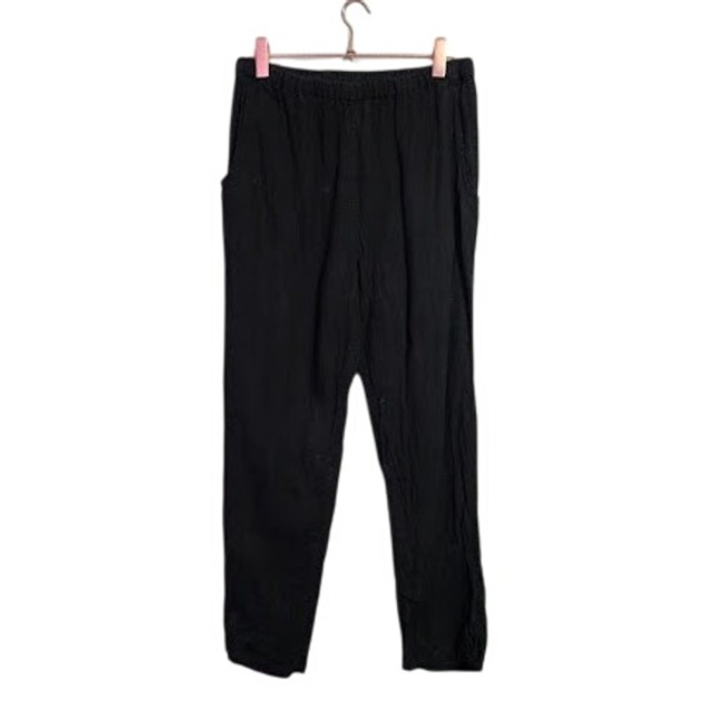 FLAX Black 100% Linen Elastic Waist Pants Side Slit Pockets Lagenlook S